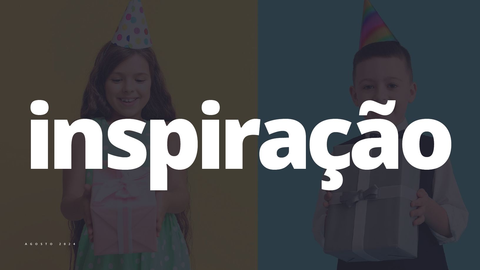 Duas crianças com chapéus de festa, segurando presentes, com a palavra