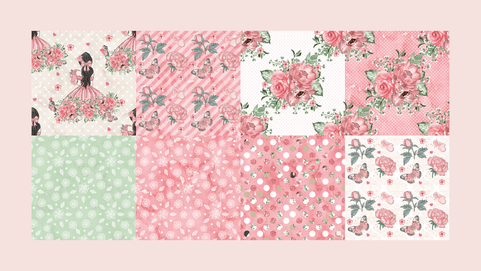 Amostras de tecido floral e estampado em tons de rosa, verde e branco. Apresenta rosas, borboletas e uma menina de vestido.