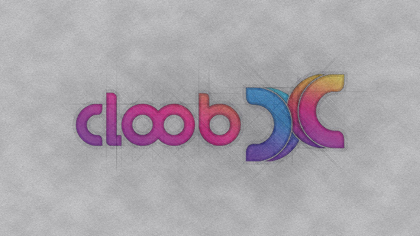Logotipo da Cloobx em tons multicoloridos de arco-íris com textura hachurada, sobre um fundo cinza hachurado.