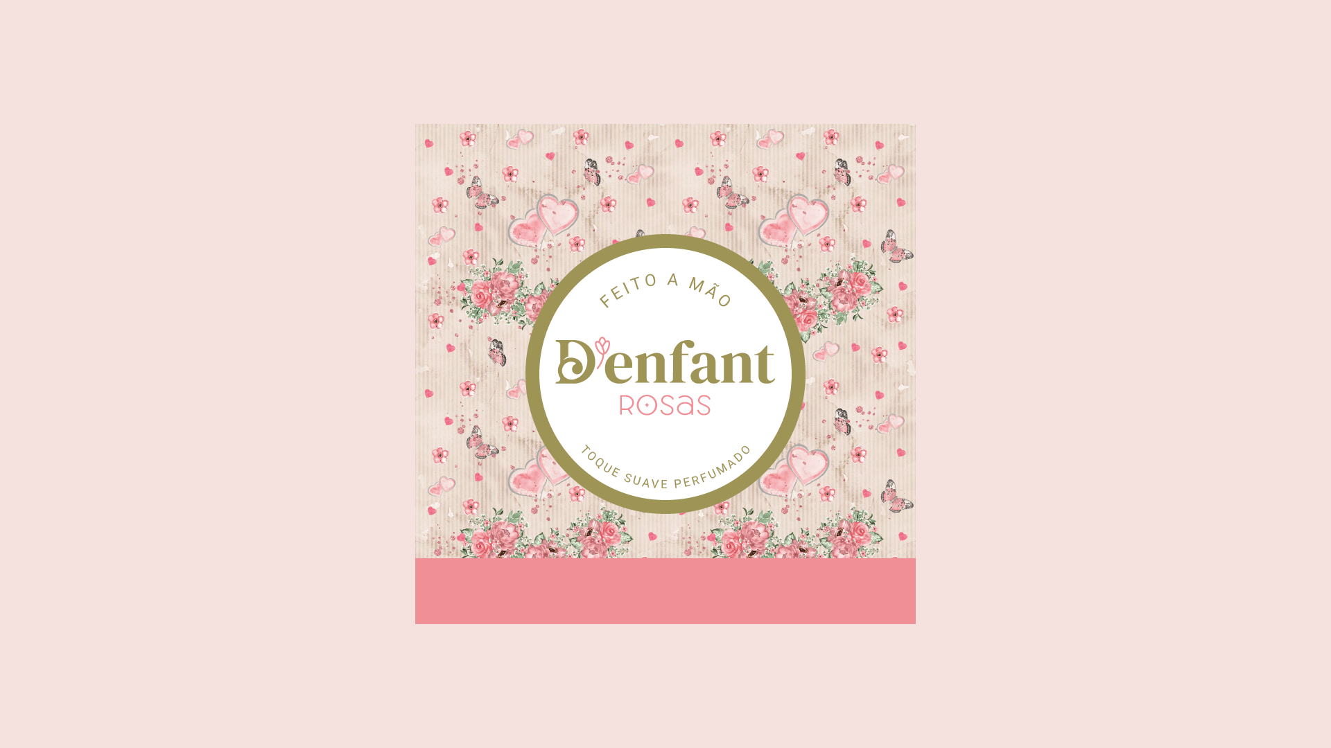 Logotipo para D'enfant, uma marca infantil, com fundo floral e logotipo circular em verde e dourado.