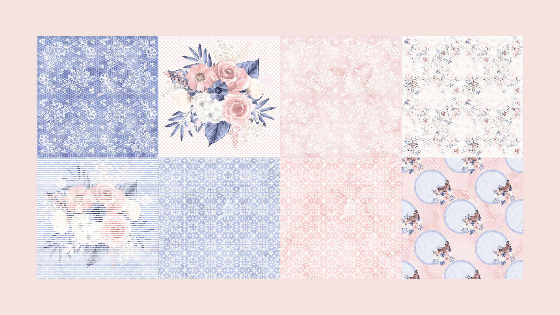 Uma colagem com desenhos florais e estampados em azul, rosa e branco sobre um fundo rosa.