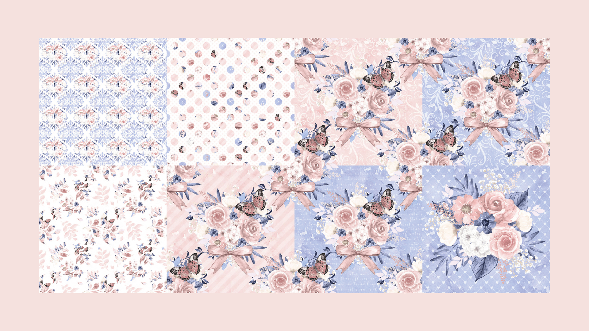 Coleção de oito designs de padrões florais em tons de rosa, azul e marrom com texturas como bolinhas e listras.