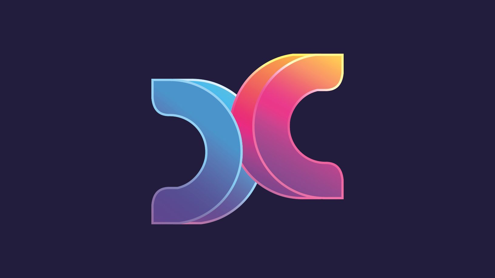 Logotipo gradiente de duas formas crescentes interligadas em tons de azul a laranja, sobre um fundo roxo escuro.