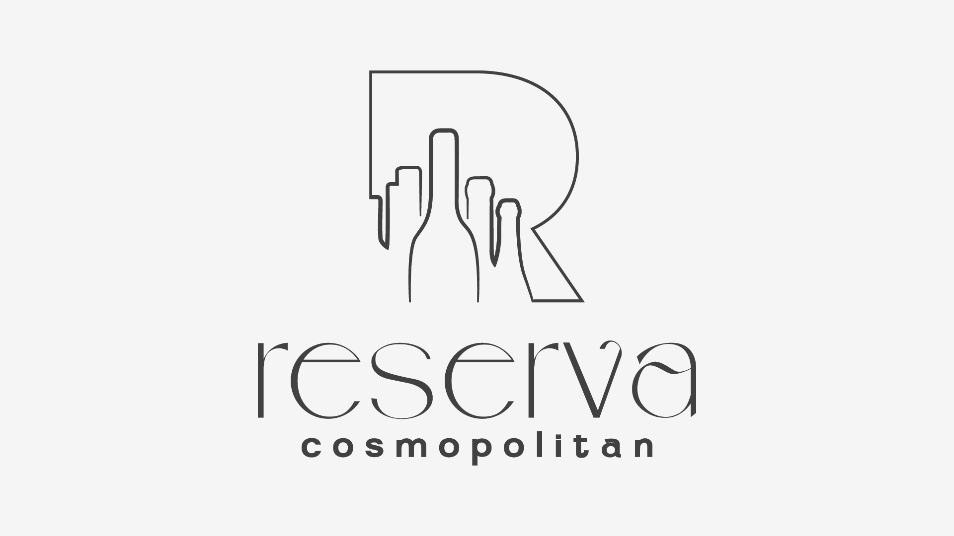 Um logotipo em preto e branco para a reserva cosmopolitan com uma cidade ao fundo.