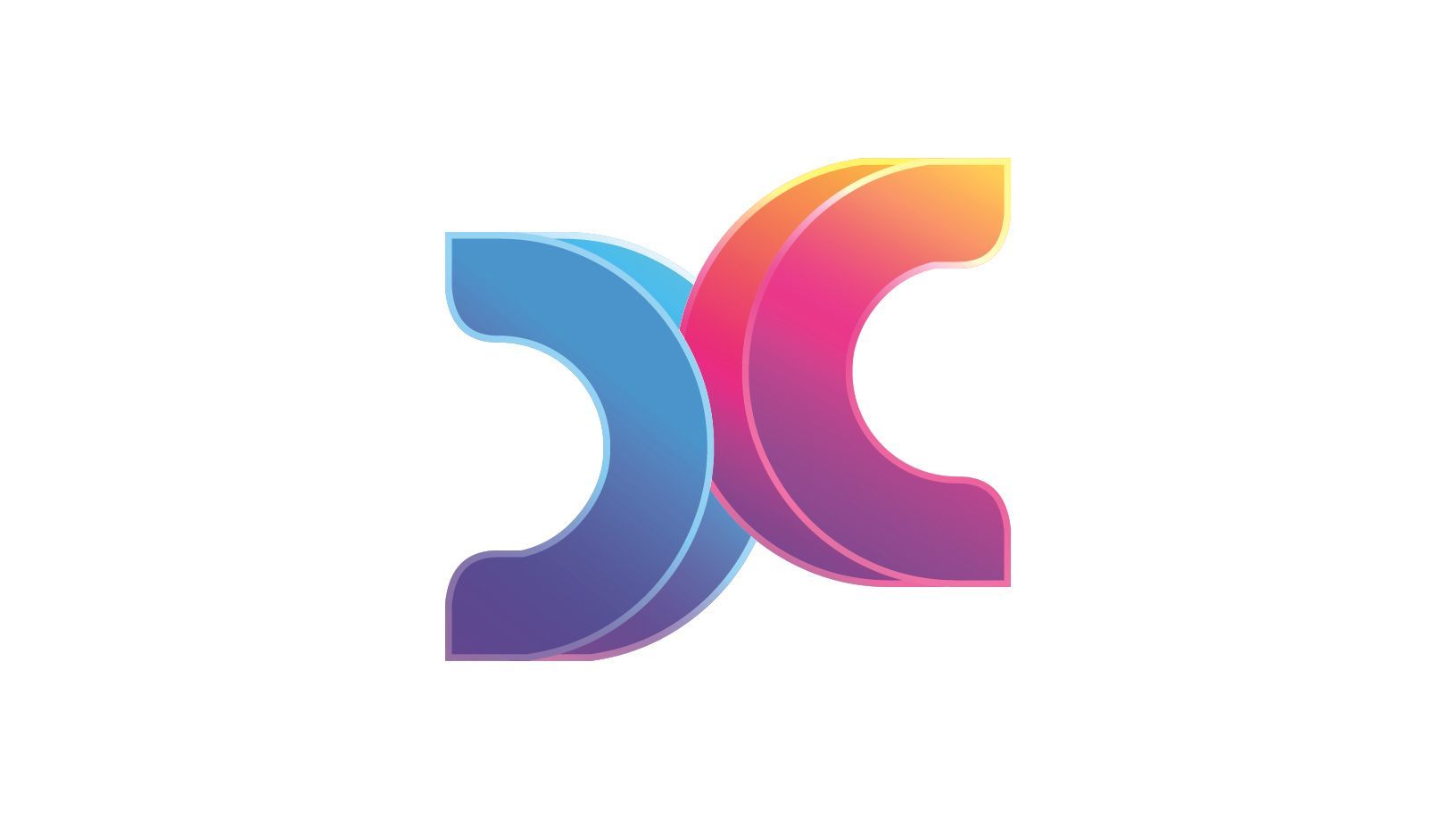 Logotipo abstrato com duas figuras em C entrelaçadas, formando um X. Gradientes de azul, roxo e laranja.