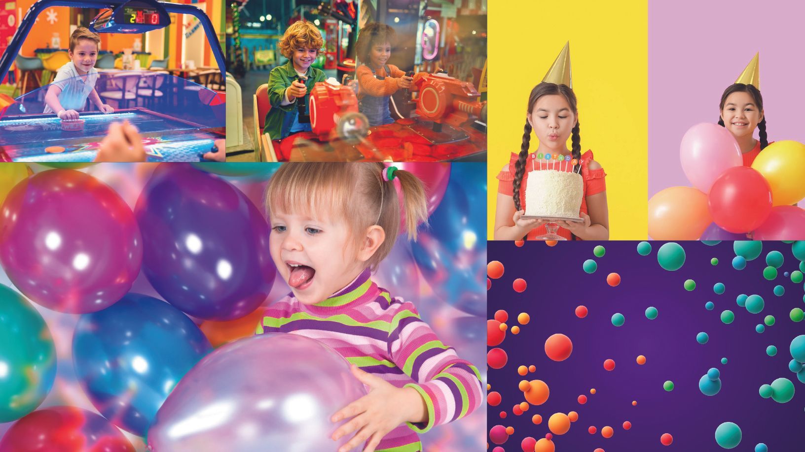 Crianças em um fliperama brincando, segurando balões e em uma festa de aniversário com bolo e balões; colorido e comemorativo.