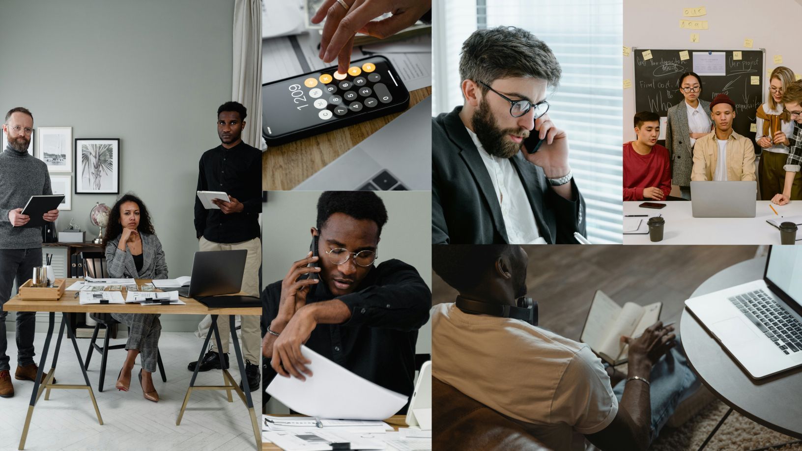 Uma colagem de fotos de pessoas trabalhando em um escritório.