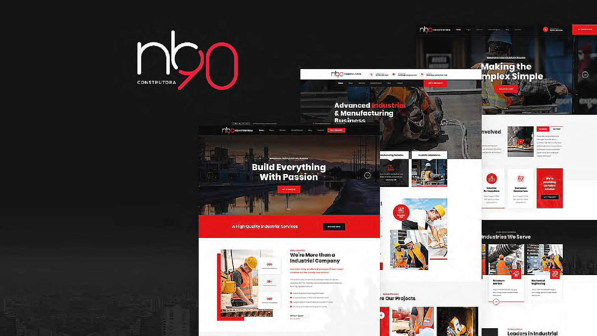 Logotipo da NB90 com capturas de tela do site, apresentando serviços de construção e engenharia.