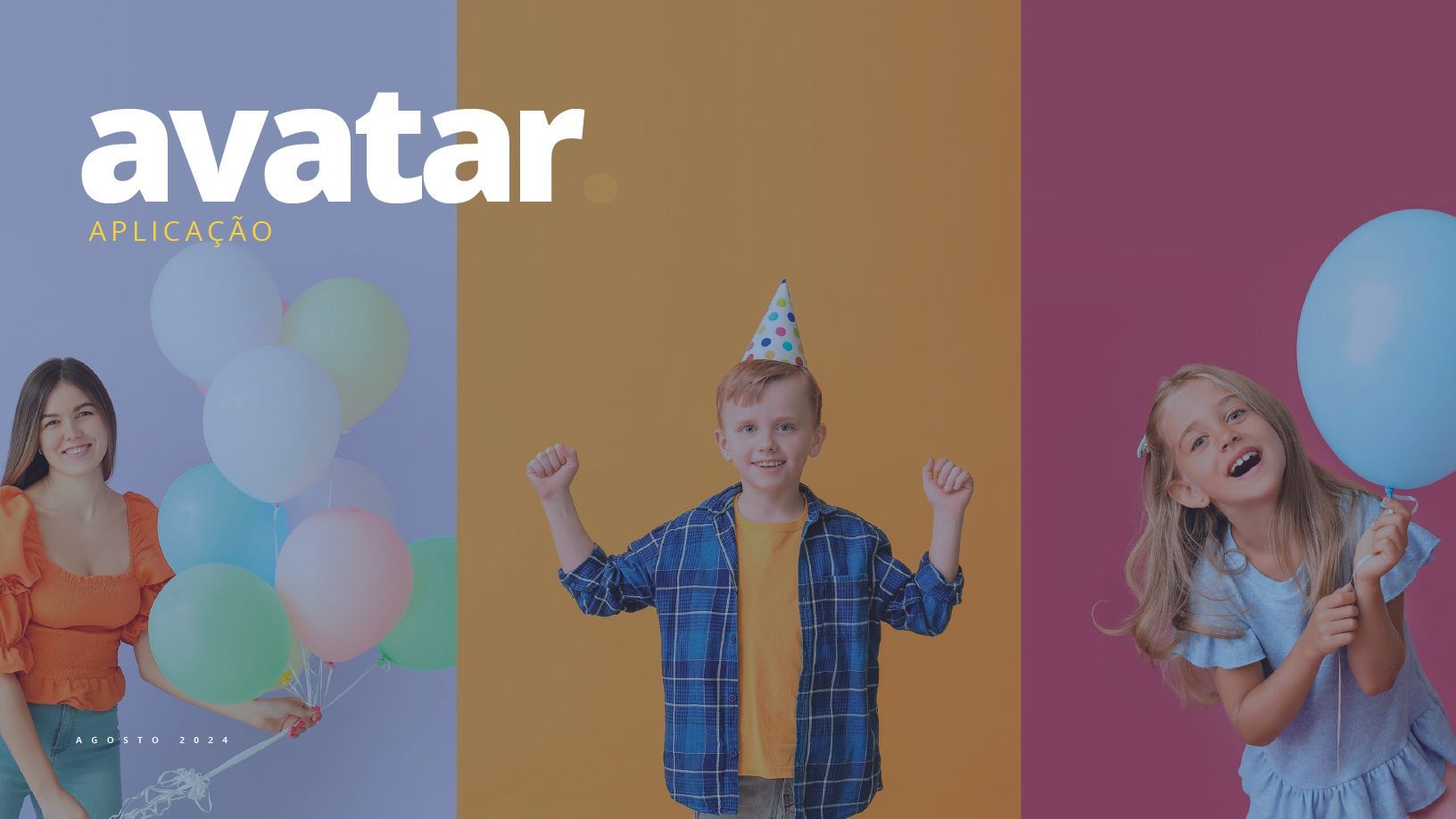 Três pessoas com balões em um fundo colorido: uma mulher à esquerda, um menino no centro e uma menina à direita. A palavra
