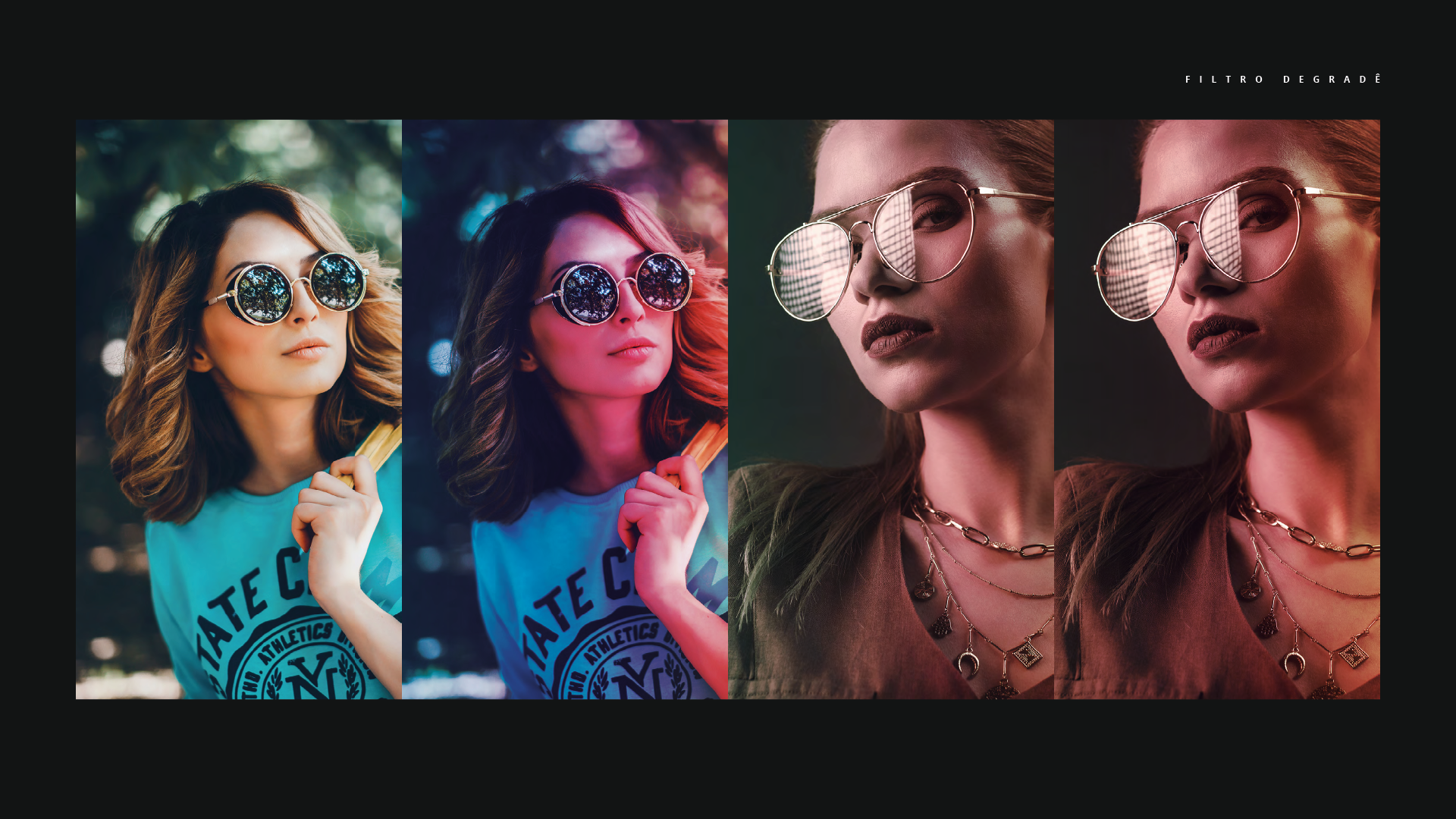 Uma mulher usando óculos escuros e uma camisa azul está parada em frente a um fundo preto.