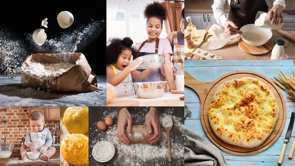 Colagem: Farinha em vários cenários de panificação. Inclui explosão de farinha, crianças peneirando farinha, preparação da massa e pão assado.