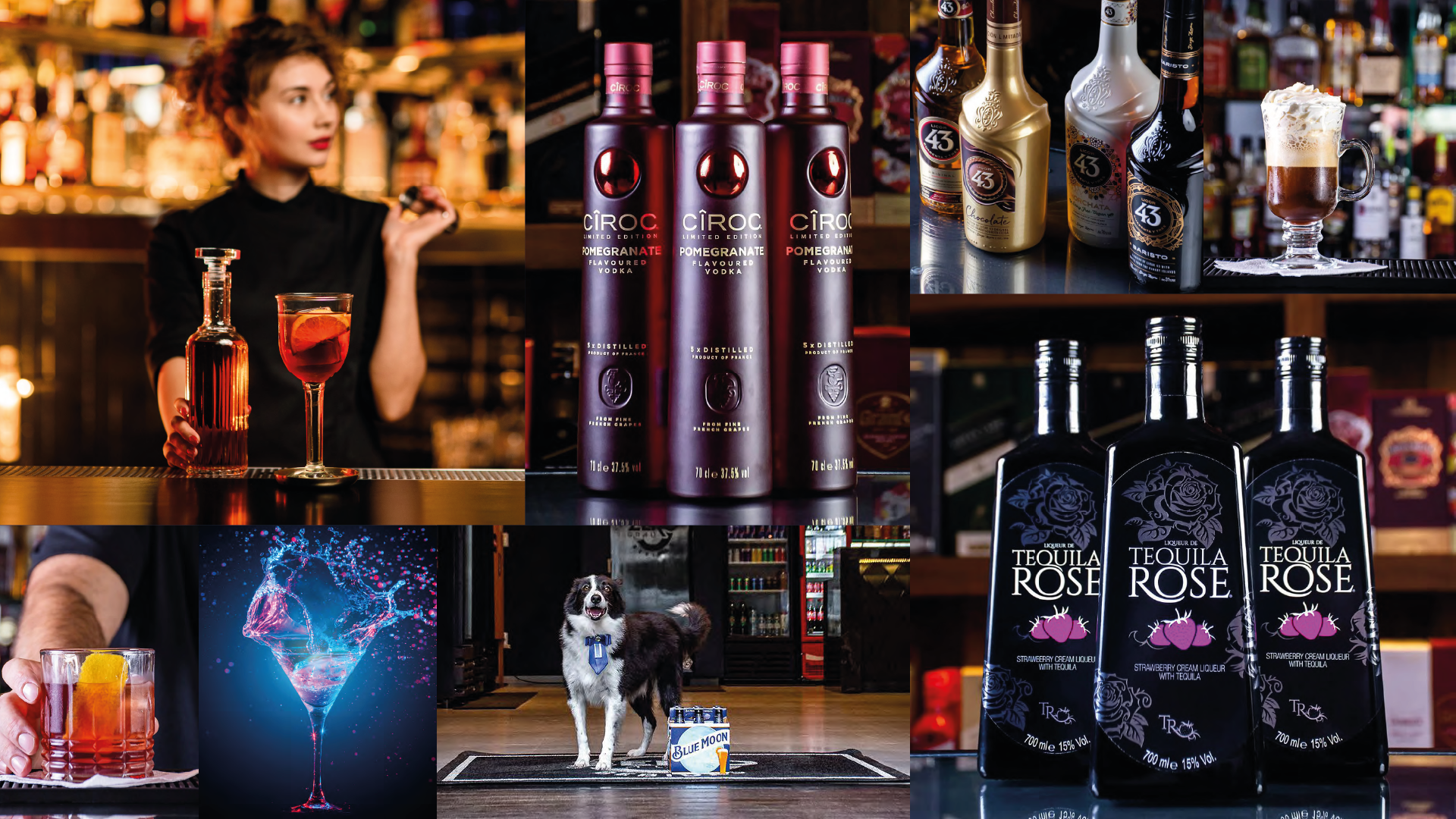 Uma colagem de fotos mostra um barman preparando uma bebida e garrafas de vinho rosé da Toscana