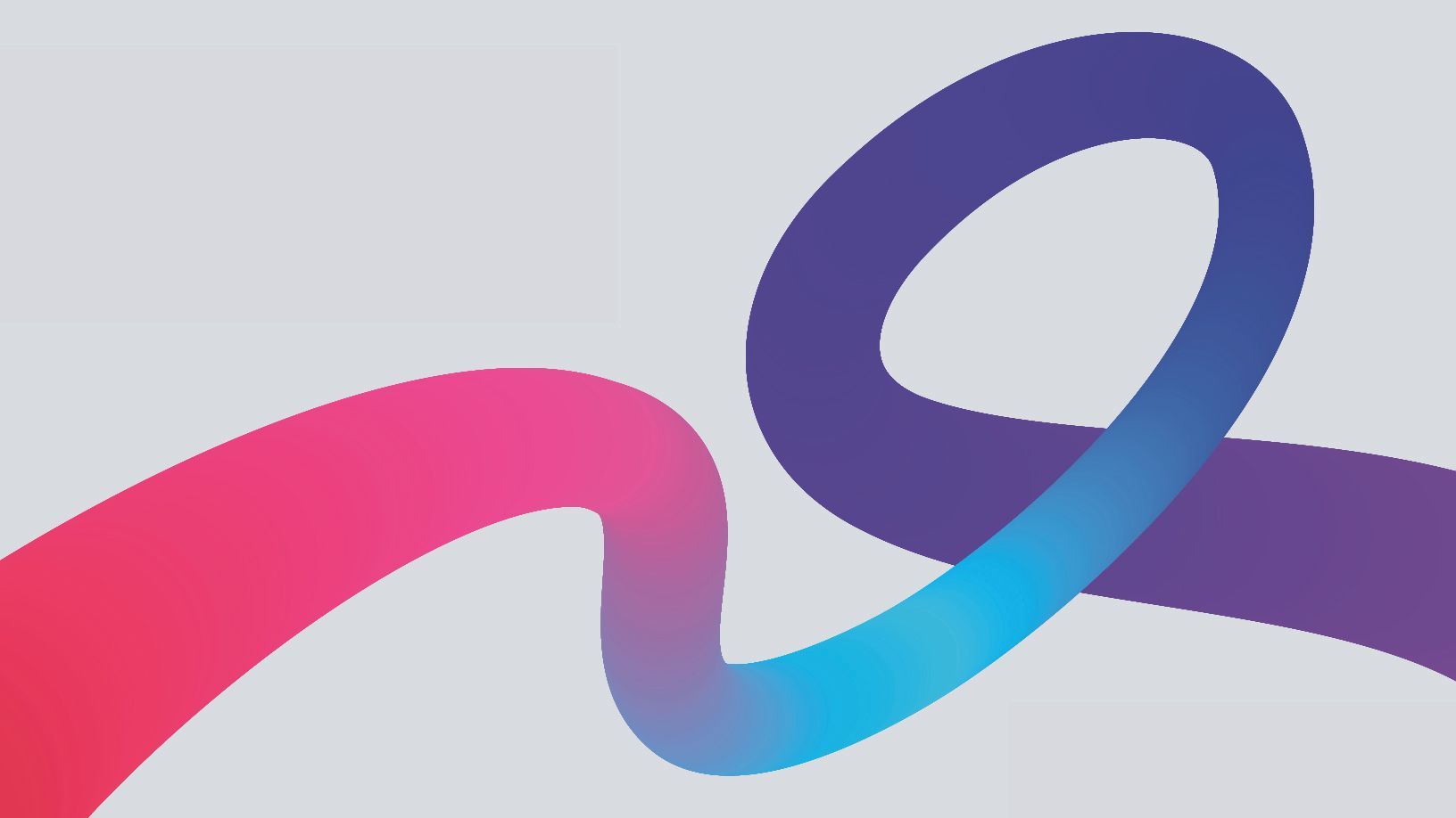 Fita gradiente de rosa para azul sobre um fundo cinza. A fita se curva e se enrola para cima.