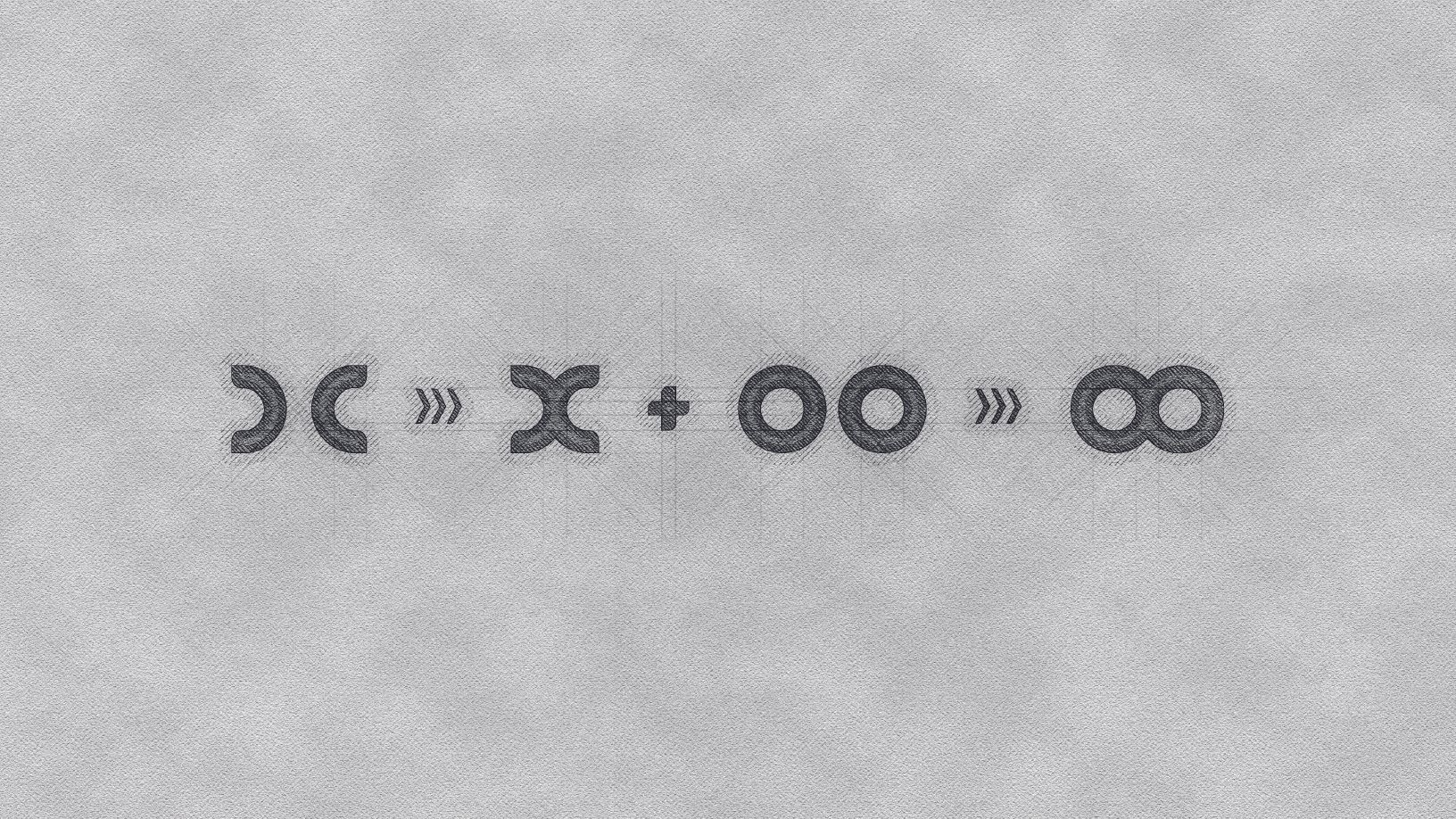 Equação matemática em uma superfície cinza texturizada: formas de meia-lua se tornam um X mais dois zeros iguais a um símbolo de infinito.
