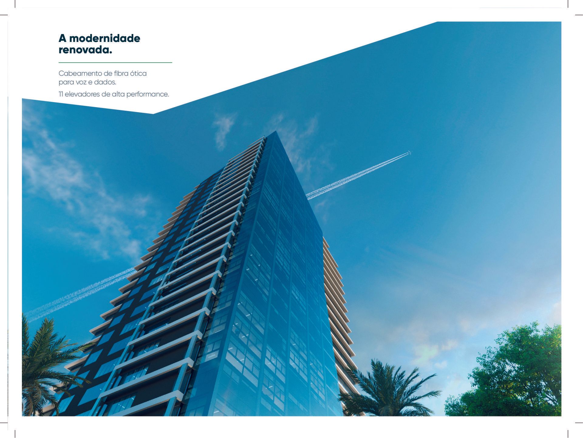 Impressão artística de um edifício alto com um céu azul ao fundo.