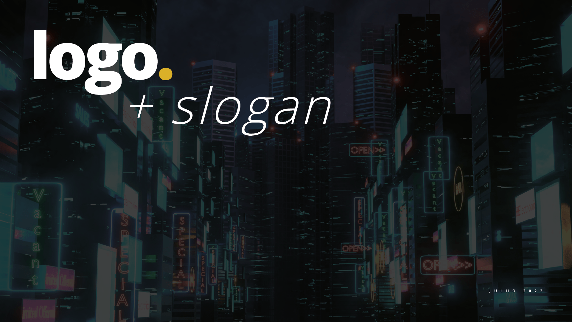 Um horizonte de cidade à noite com um logotipo e um slogan.