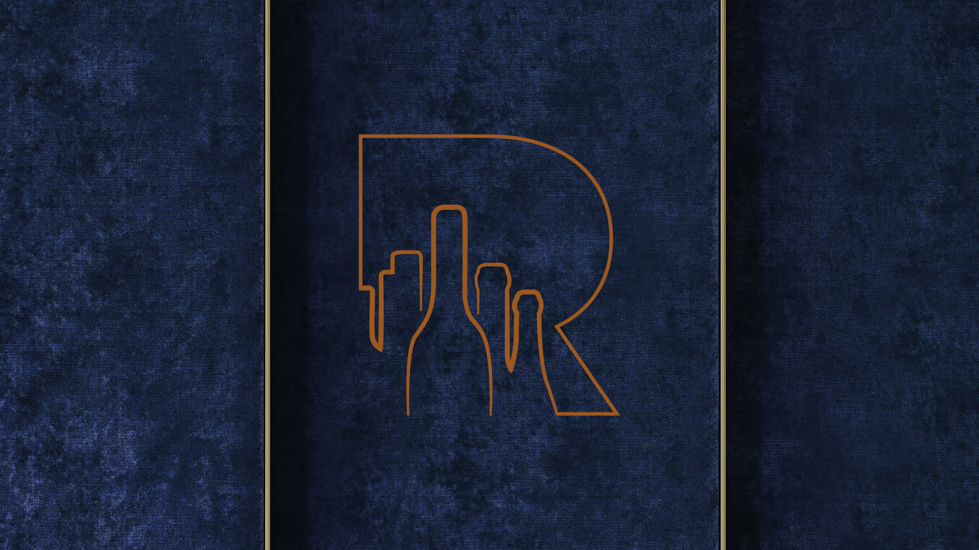 Um desenho de uma cidade com a letra r em um fundo azul.