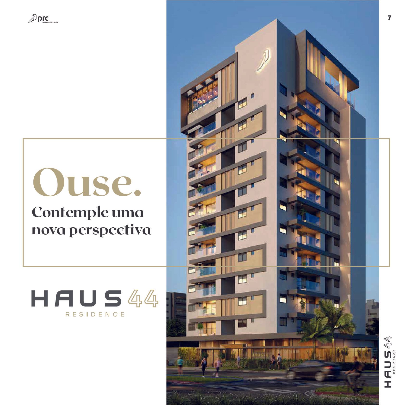 Edifício moderno de apartamentos chamado Haus 44. O texto diz