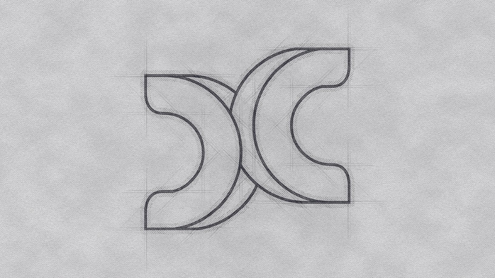 Dois elementos sobrepostos em forma de C formam um X. As formas têm cantos arredondados e são contornadas em cinza sobre um fundo cinza texturizado.