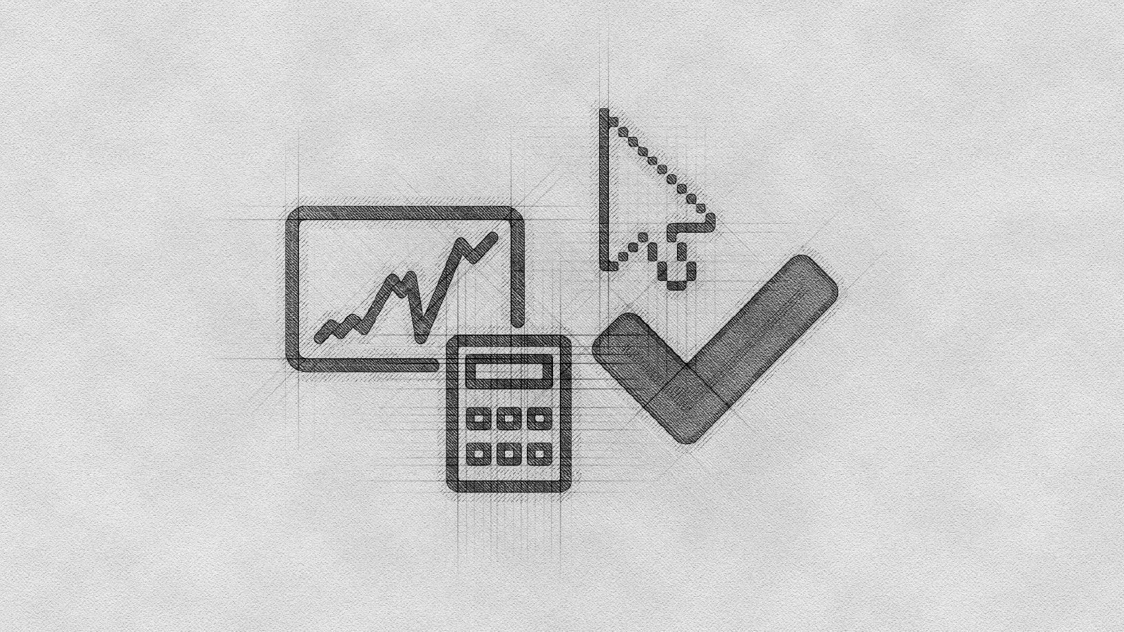Um desenho em preto e branco de uma calculadora, um gráfico e uma marca de seleção.