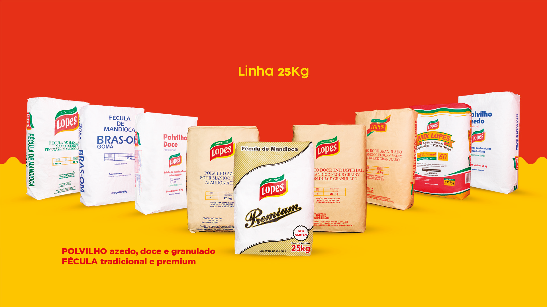 Um monte de sacos de comida estão dispostos um ao lado do outro em um fundo amarelo e vermelho.