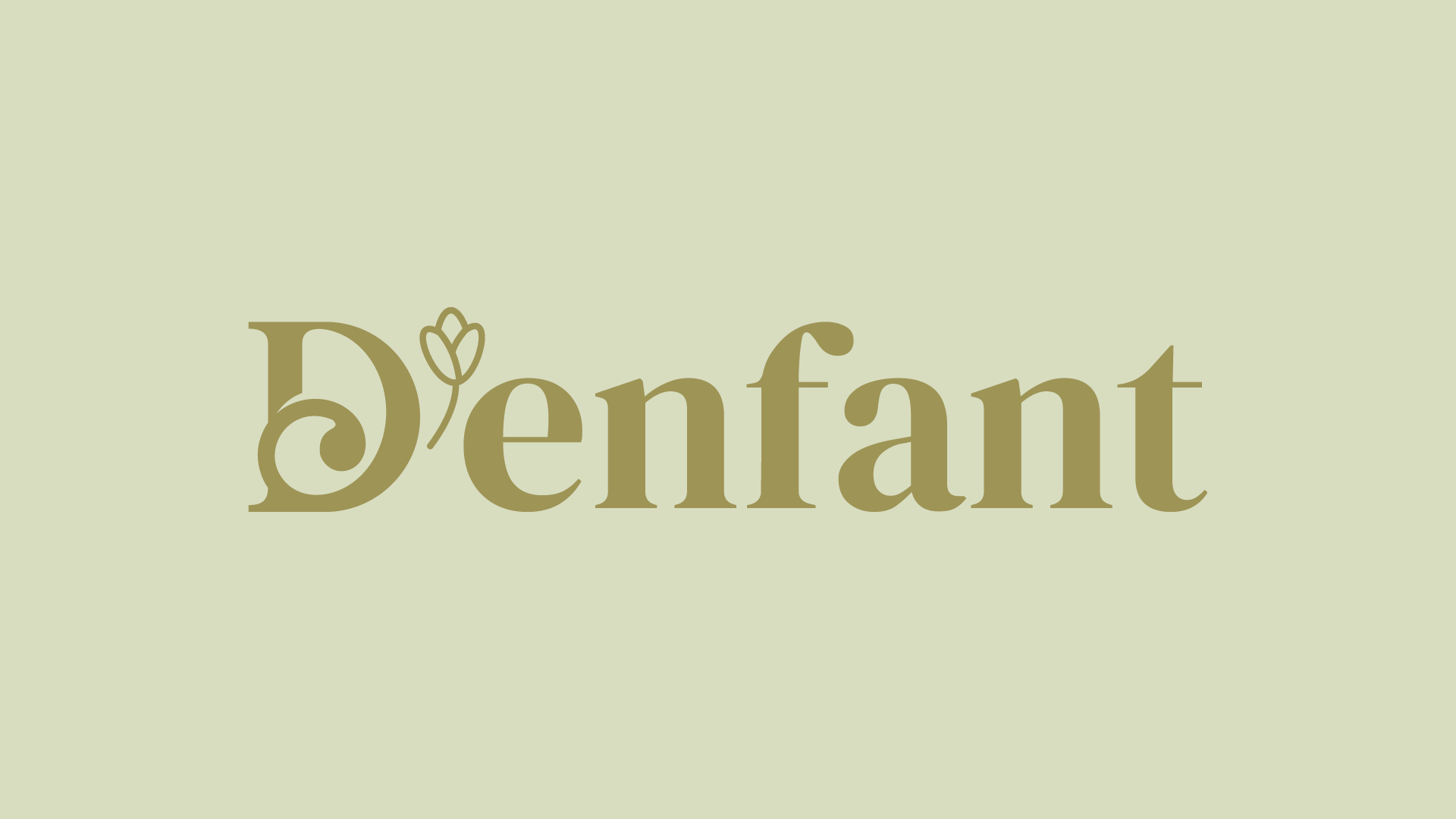 Logotipo da D'enfant: uma marca nominativa em dourado claro sobre um fundo verde suave. O