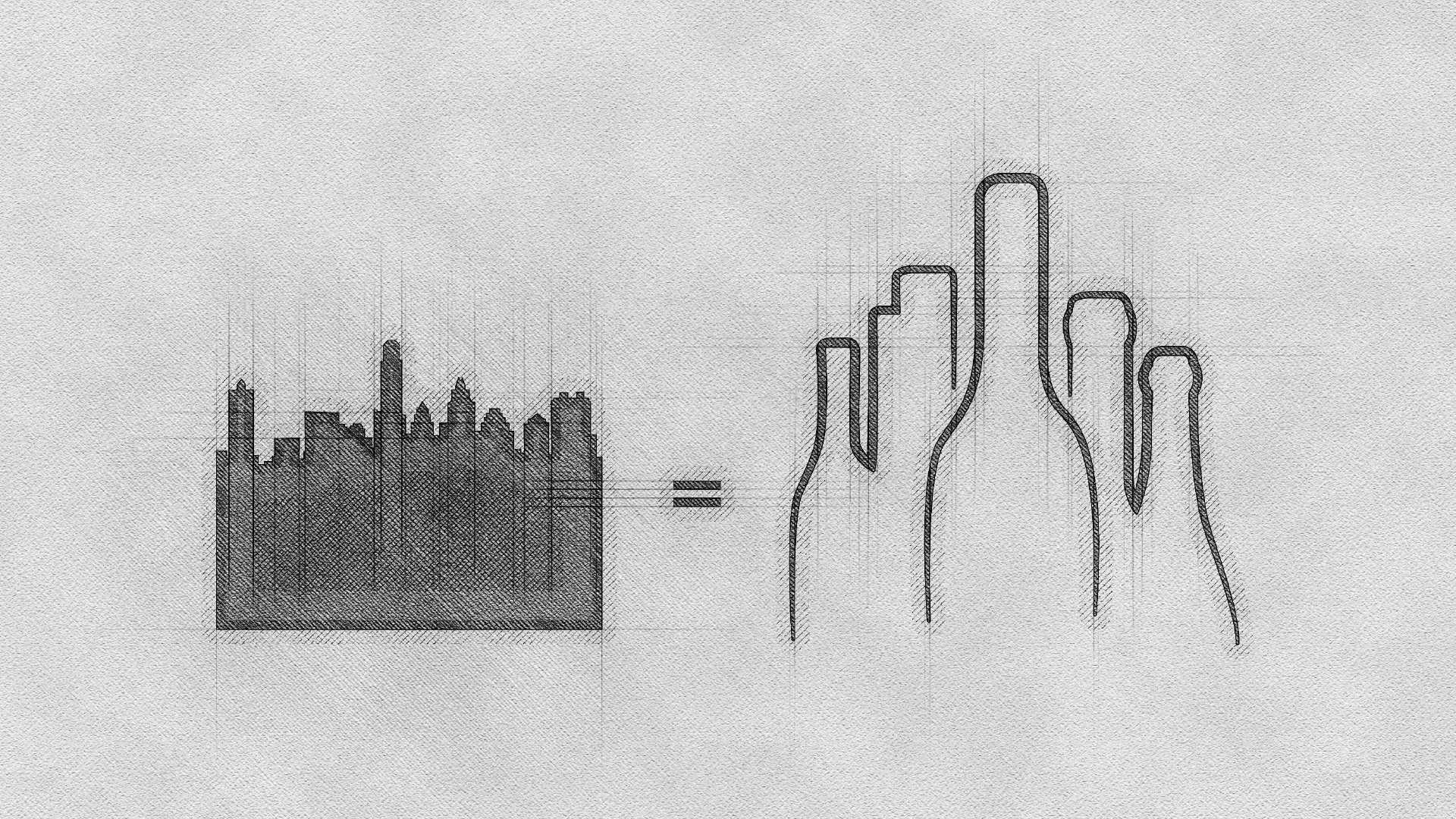Um desenho em preto e branco do horizonte de uma cidade