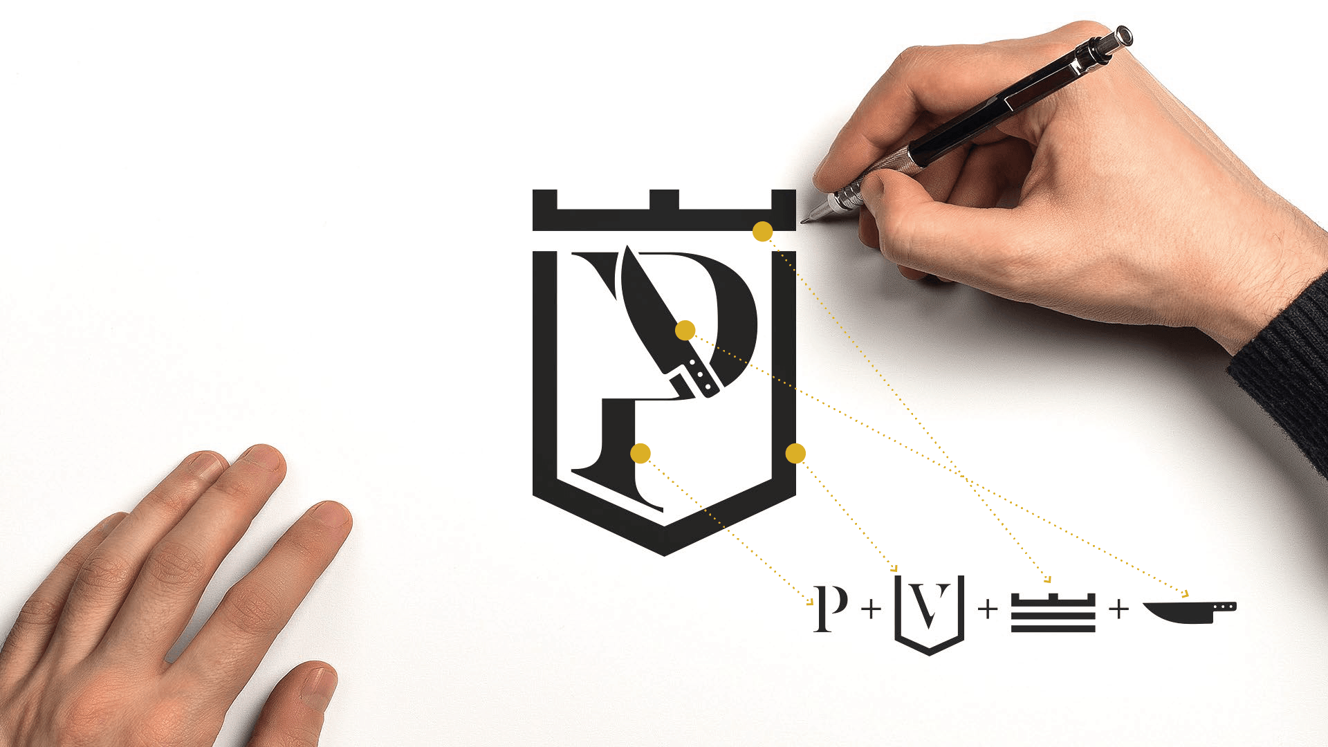 Esboço manual de um logotipo, mostrando os componentes: