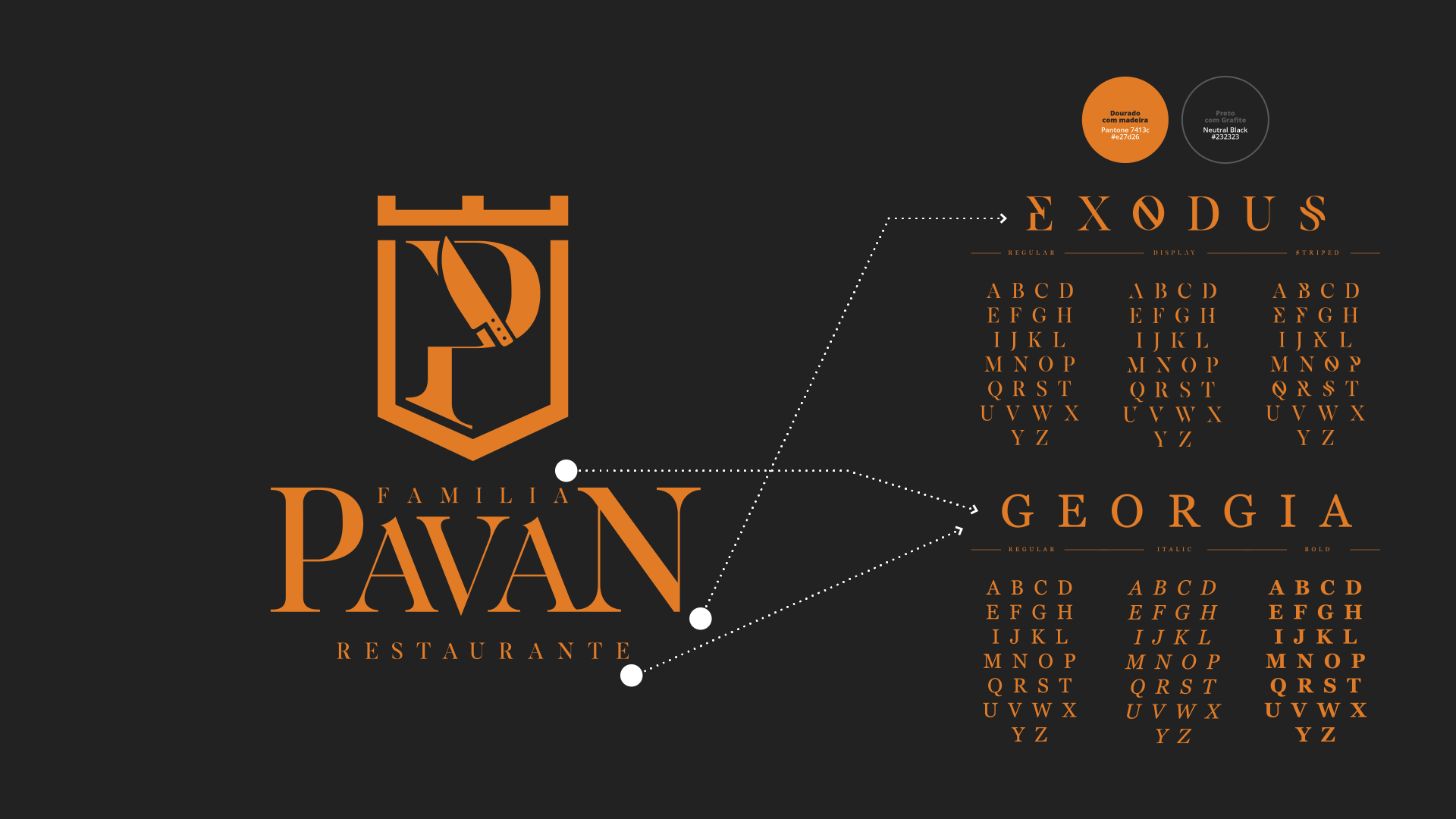 Logotipo do restaurante Pavan na Geórgia, com um brasão de castelo laranja com o texto