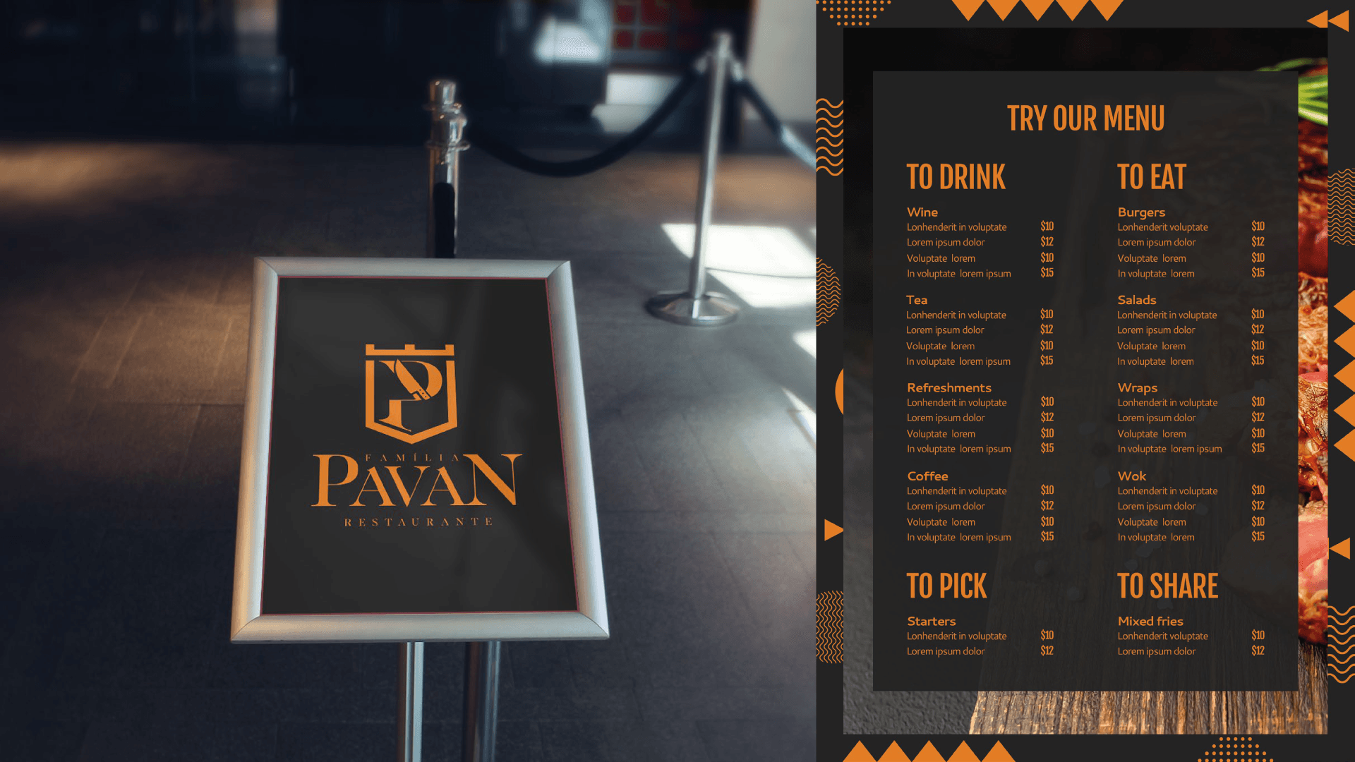 Uma placa de menu com o nome do restaurante