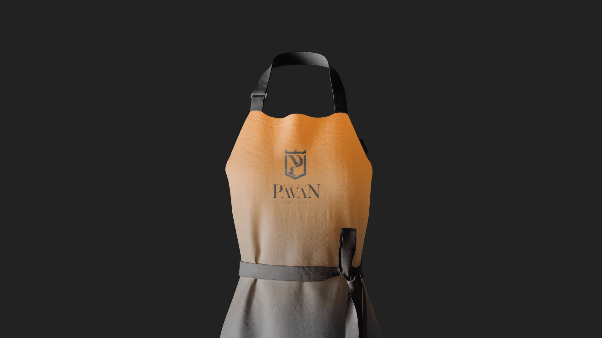 Avental com um degradê de laranja a cinza, com logotipo e texto