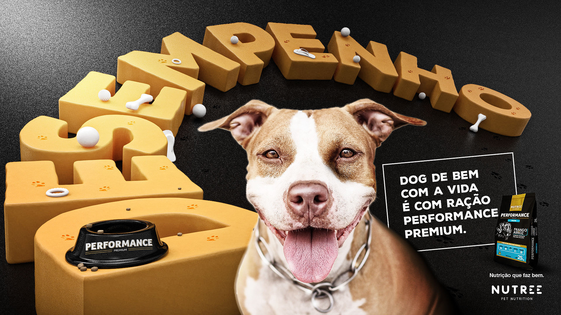Pit bull marrom e branco sorridente com tigela de comida, colar e o texto