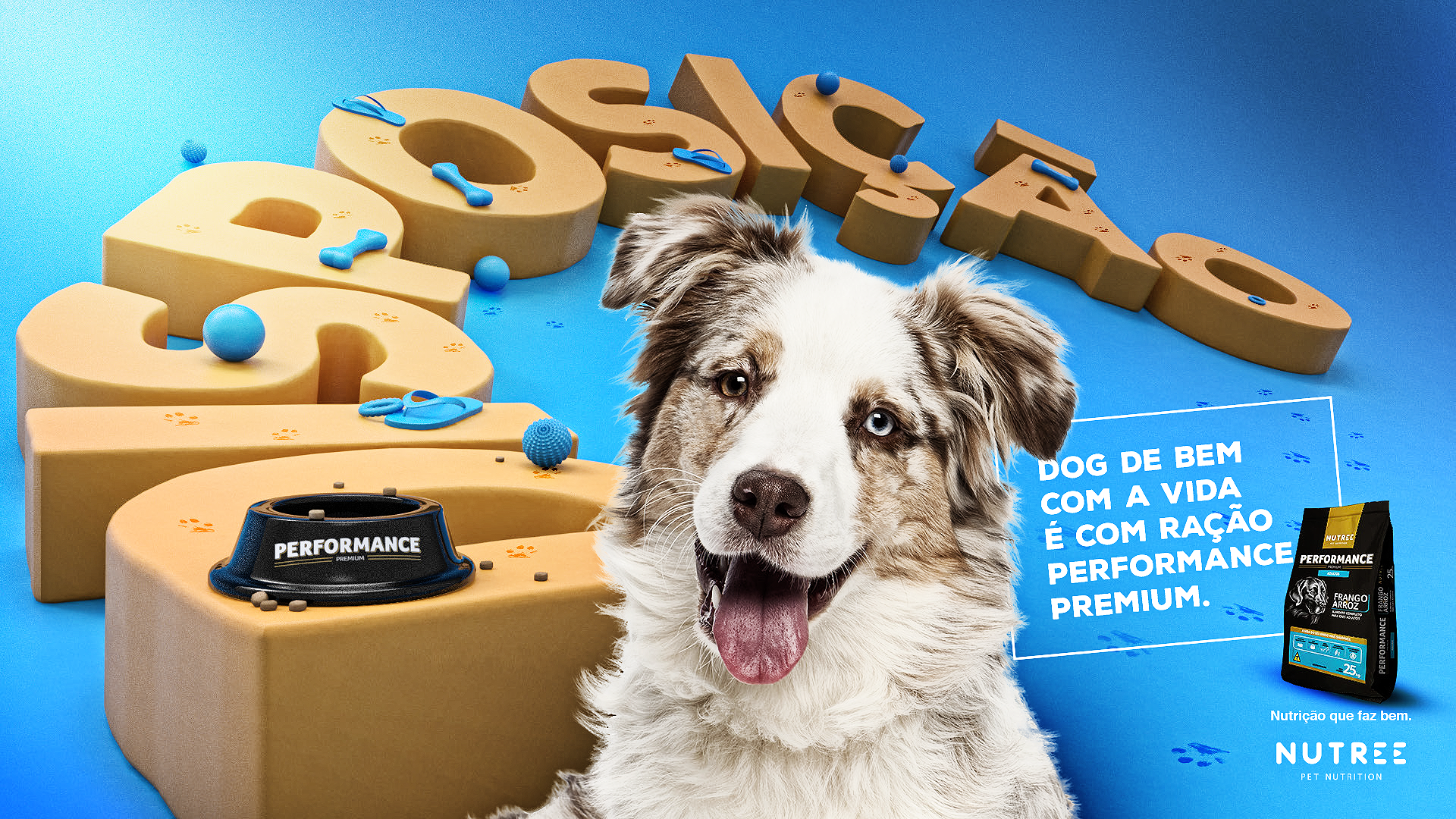 Cachorro feliz com um olho azul, sorrindo, em um anúncio de comida. Texto