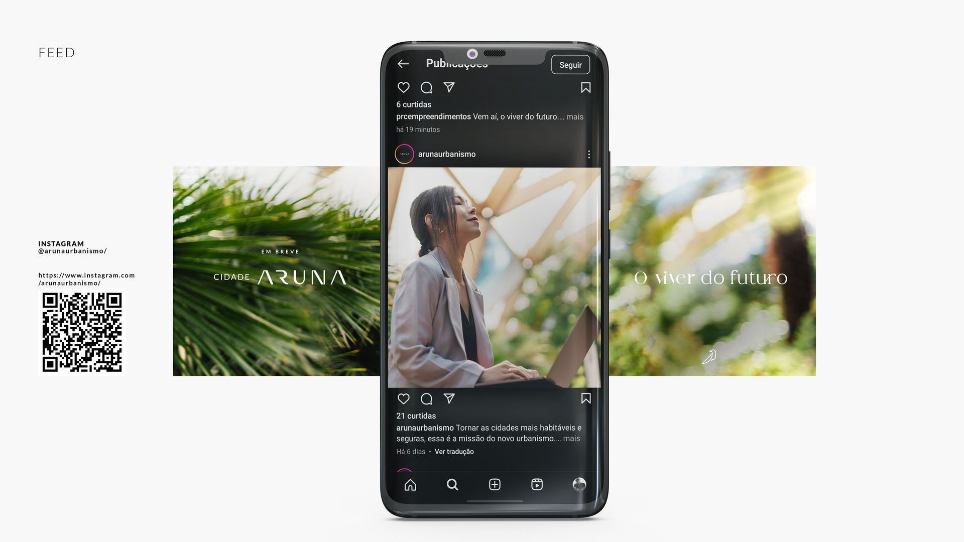 Uma pessoa com um laptop dentro de uma estufa. Imagens ao redor destacam a vegetação. O celular exibe postagens em redes sociais.