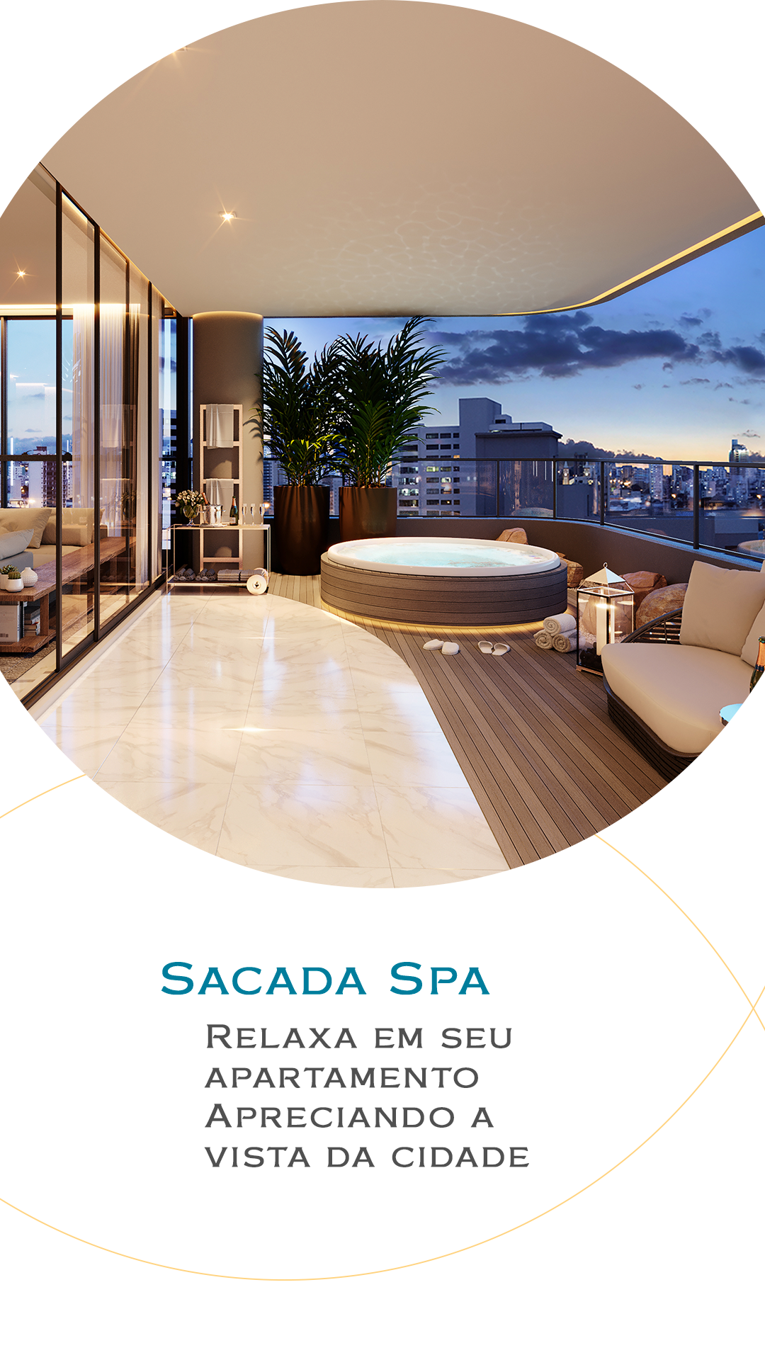 Spa na varanda com jacuzzi, área de estar e vista para a cidade. Texto: