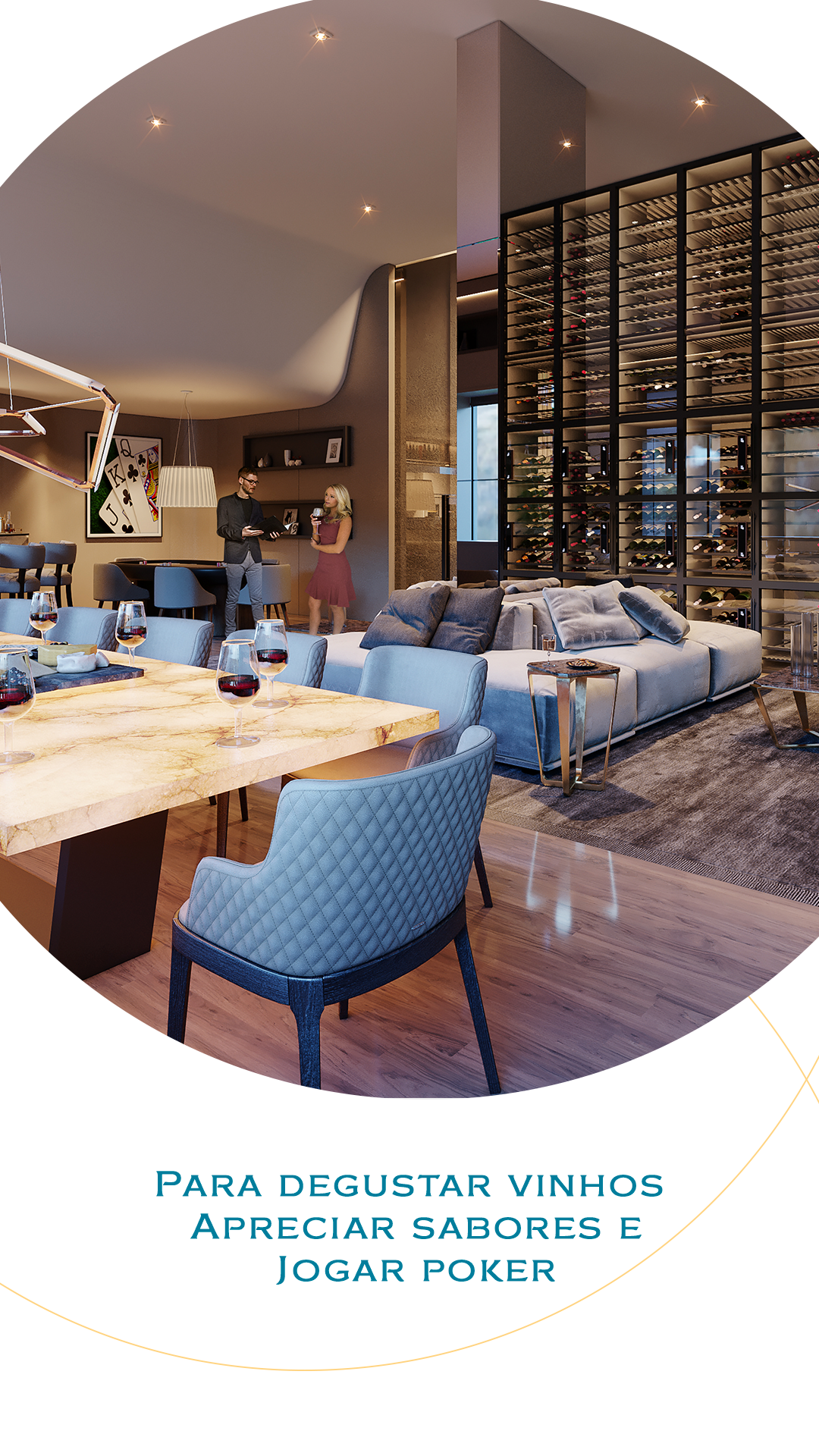 Interior elegante com mesa de jantar, sofás, adega e texto: