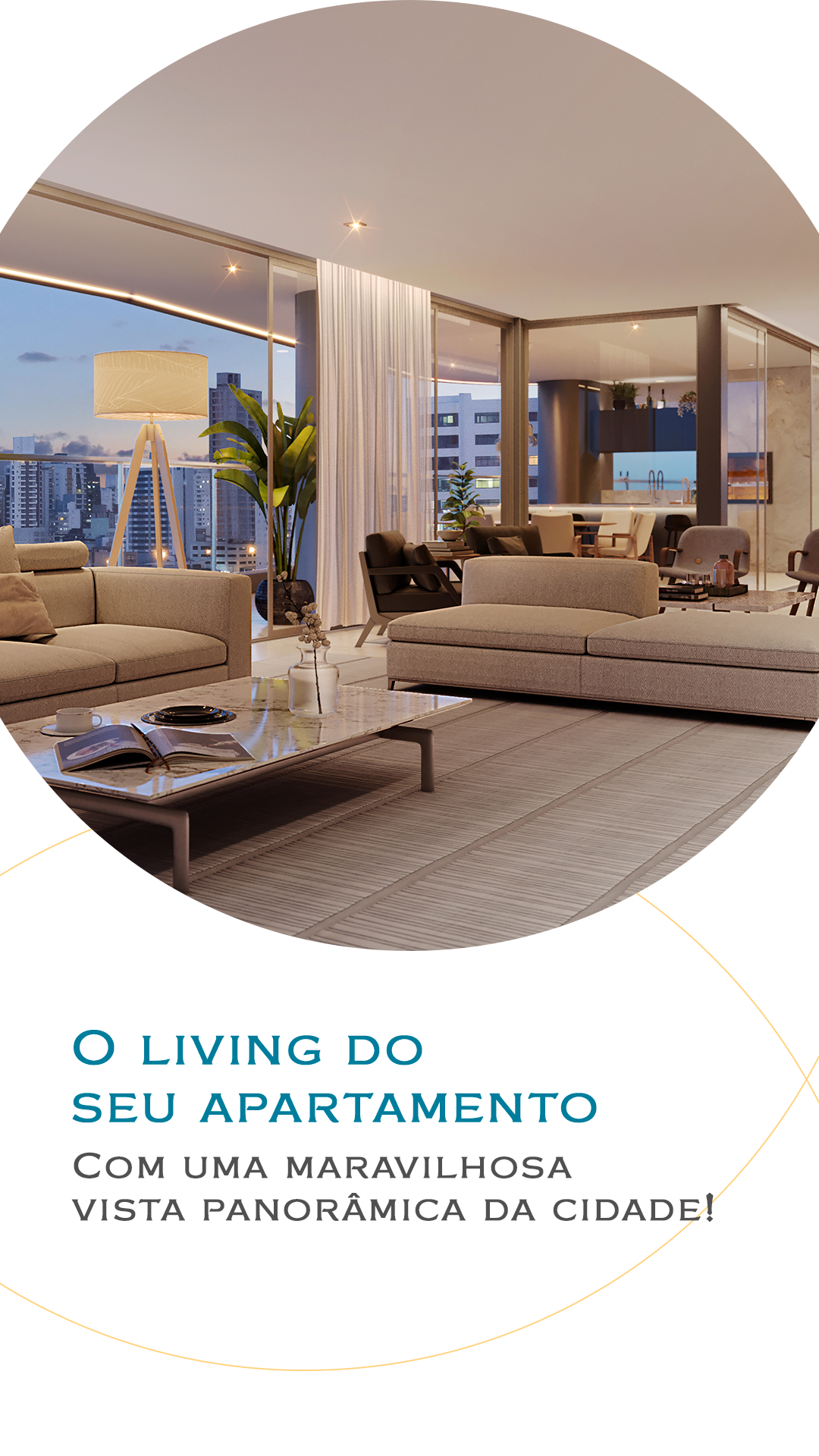 Living room with panoramic city view. Beige sofas, a rug, and large windows. Text: