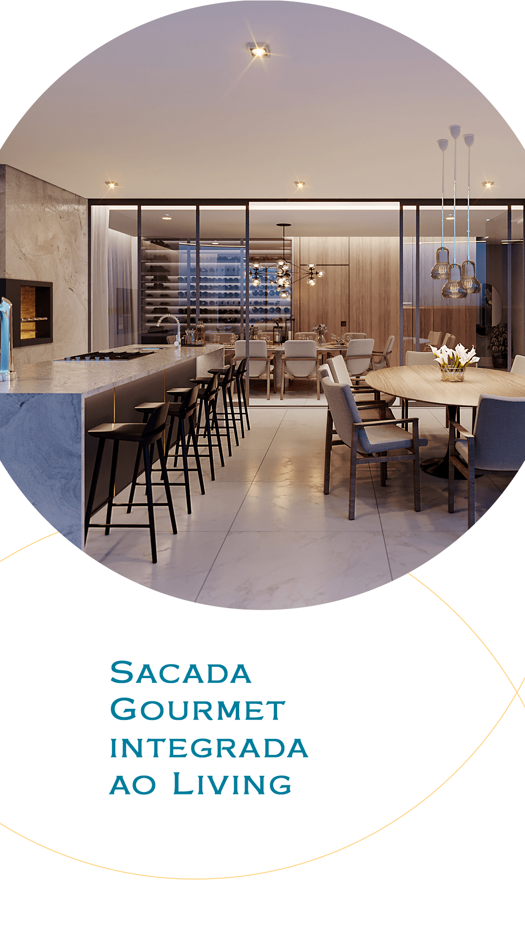 Vista interna de uma cozinha moderna e área de jantar, com bar e assentos, integradas a um espaço de estar.