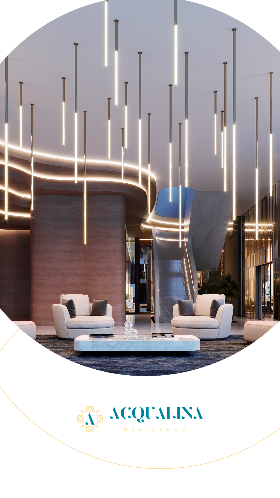 Saguão luxuoso com sofás brancos, luminária moderna e o logotipo