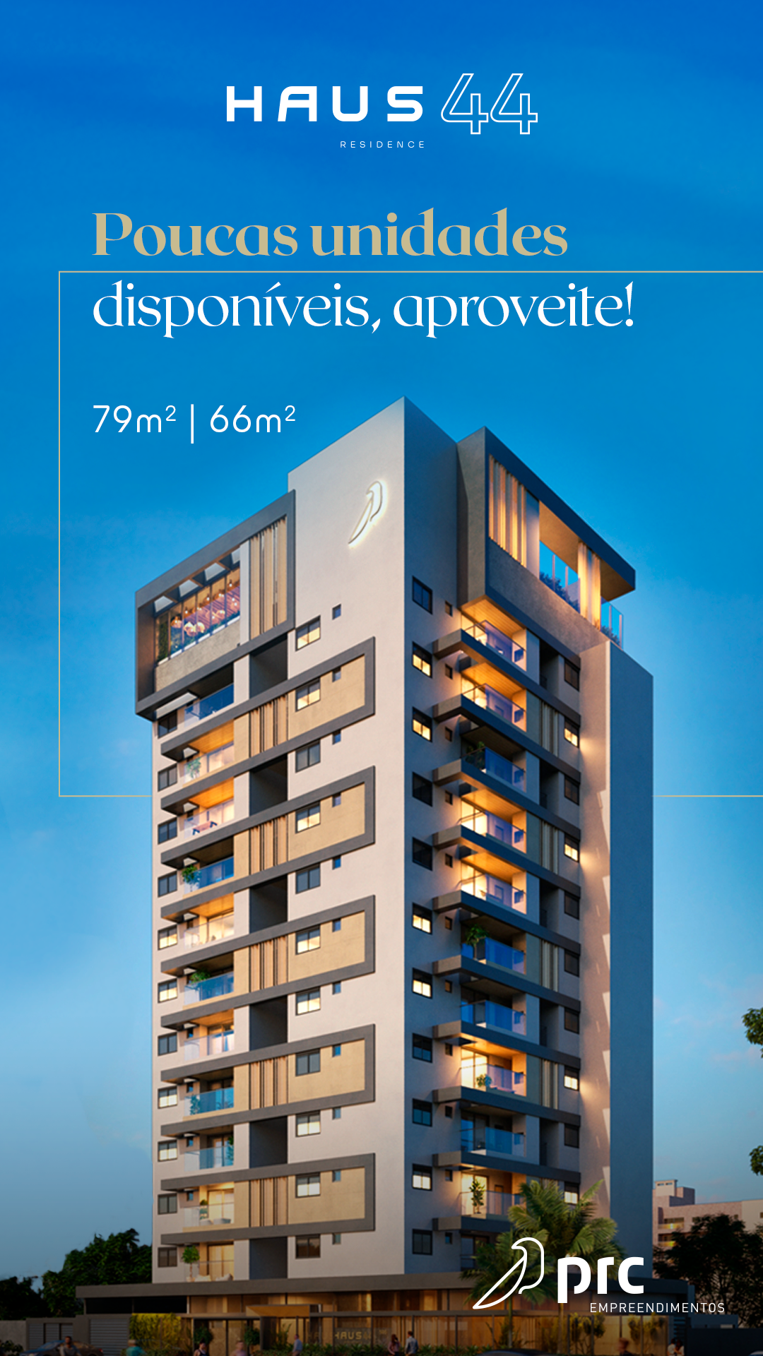 Prédio de apartamentos moderno com o logotipo da Haus 44 e o texto