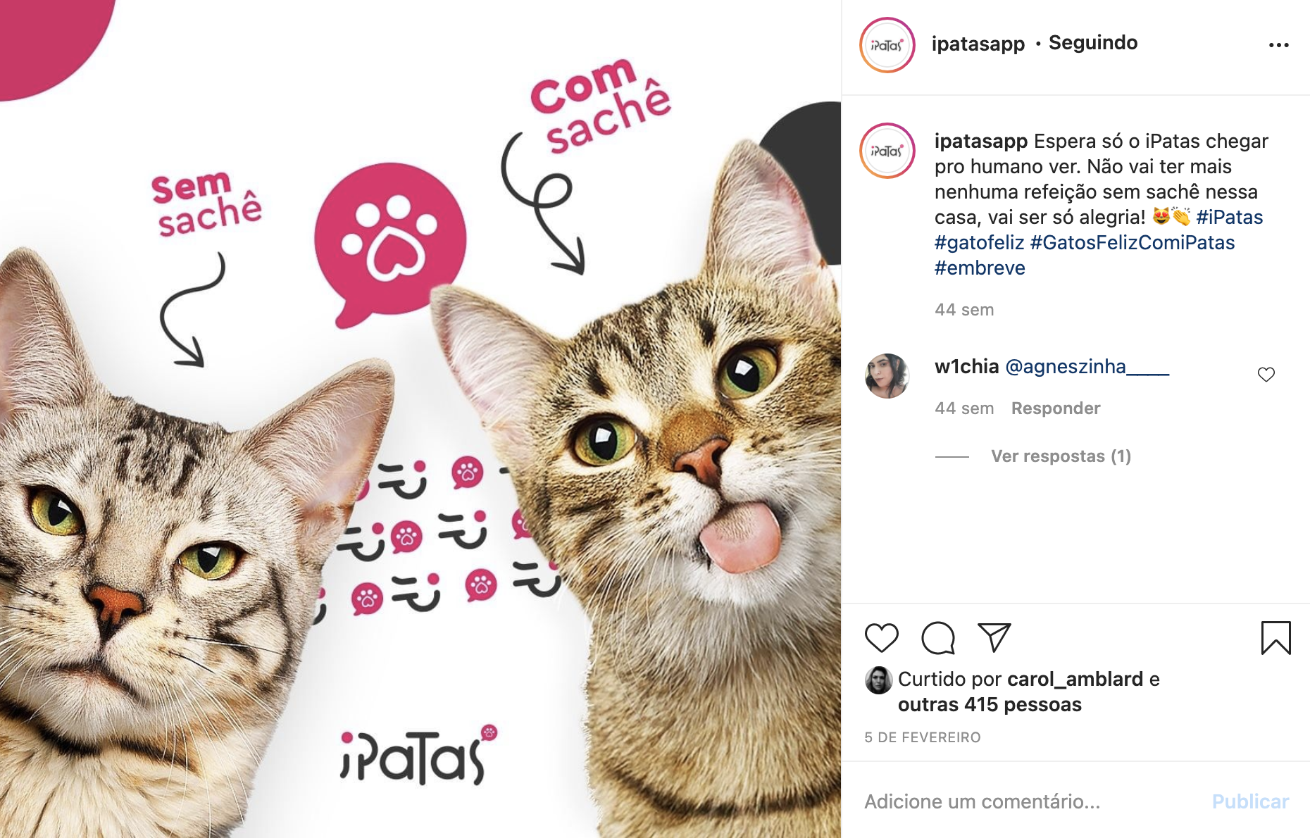 Um anúncio em tela dividida de um produto para animais de estimação mostra dois gatos: um parece sério (sem sachê) e o outro feliz com a língua de fora (com sachê).
