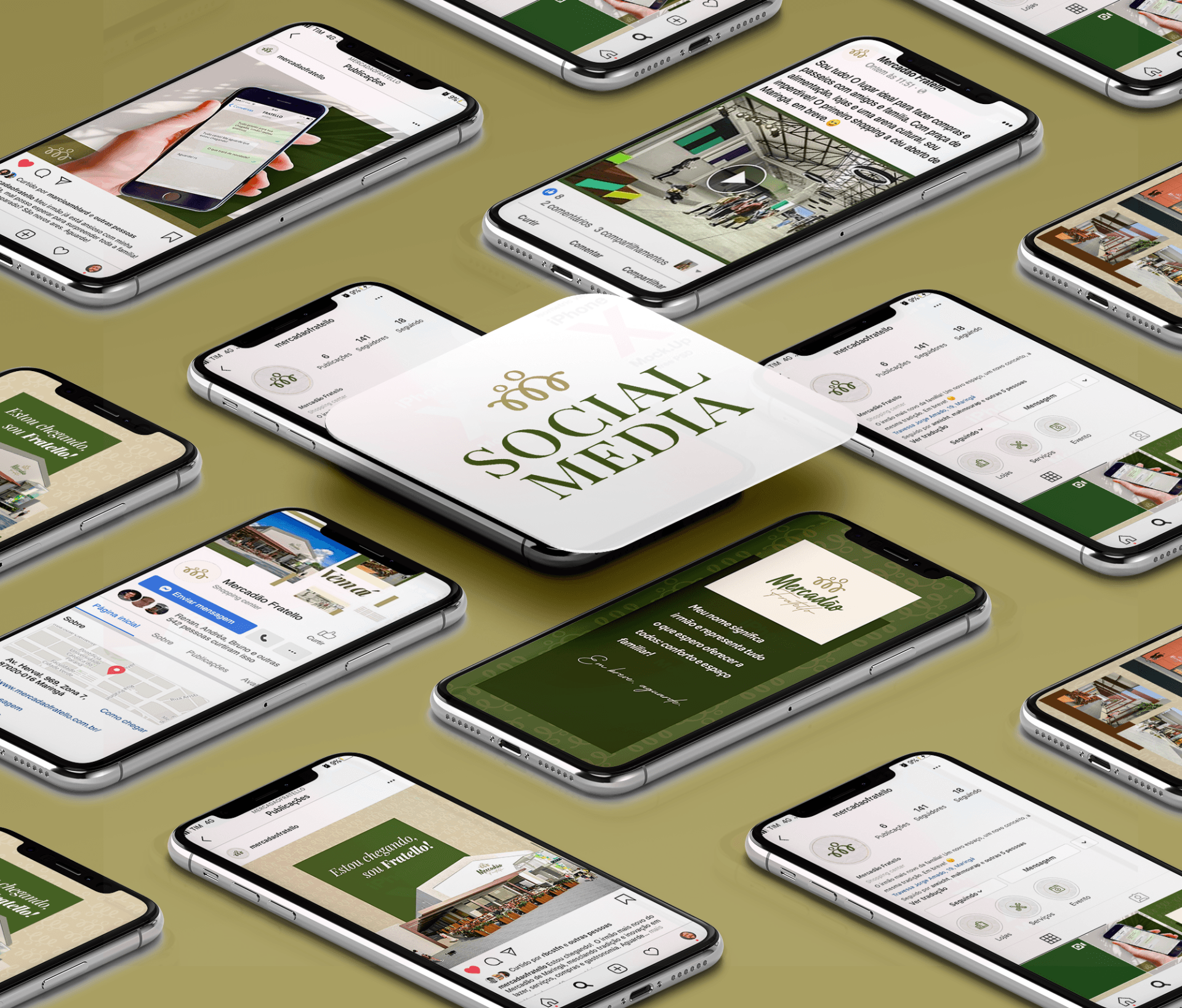 Vários telefones estão em cima uns dos outros com um cartão que diz mídia social nele