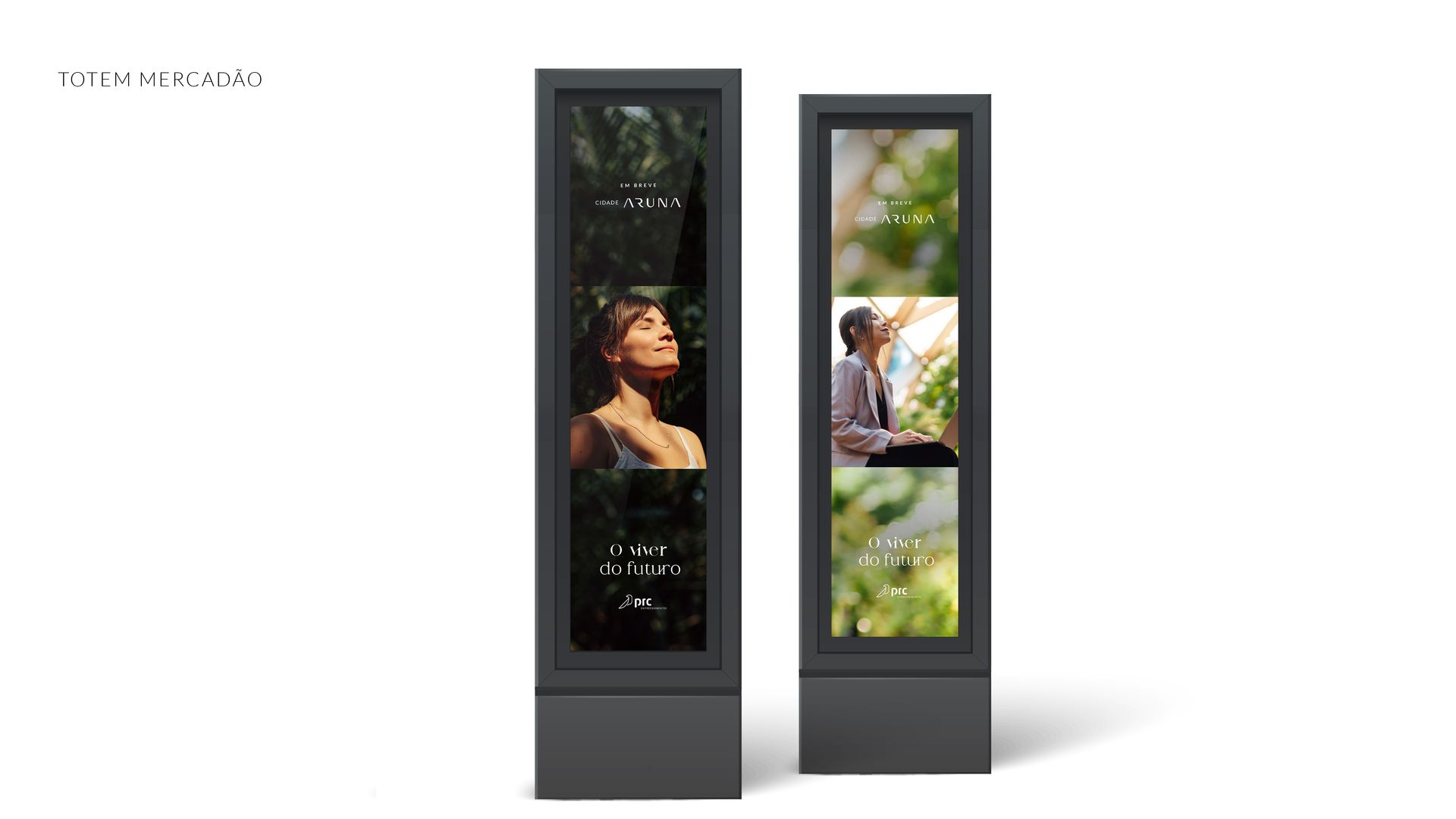 Dois monitores digitais cinza escuro mostram imagens serenas de pessoas ao ar livre.