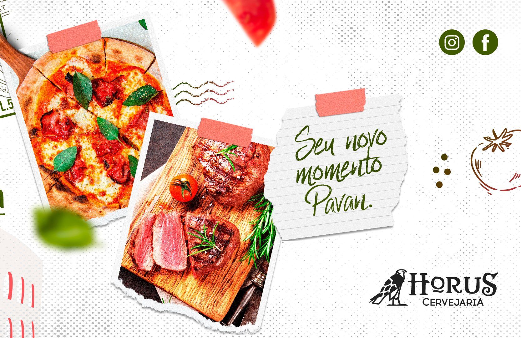 Uma pizza e um pedaço de carne estão sobre uma tábua de corte de madeira.