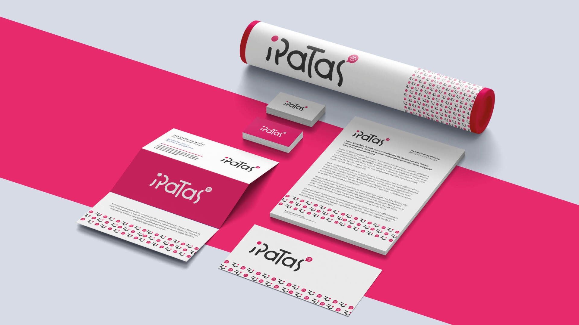 Embalagem para produto iPatas com marca branca e rosa; inclui um tubo, caixas e papel com letras.
