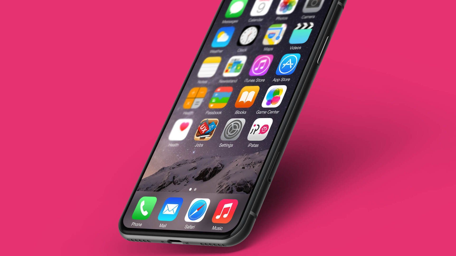 Smartphone em fundo rosa. A tela exibe vários ícones de aplicativos, com um papel de parede com uma paisagem de montanhas.