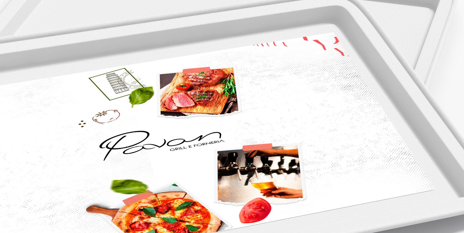 Uma bandeja branca com a imagem de uma pizza