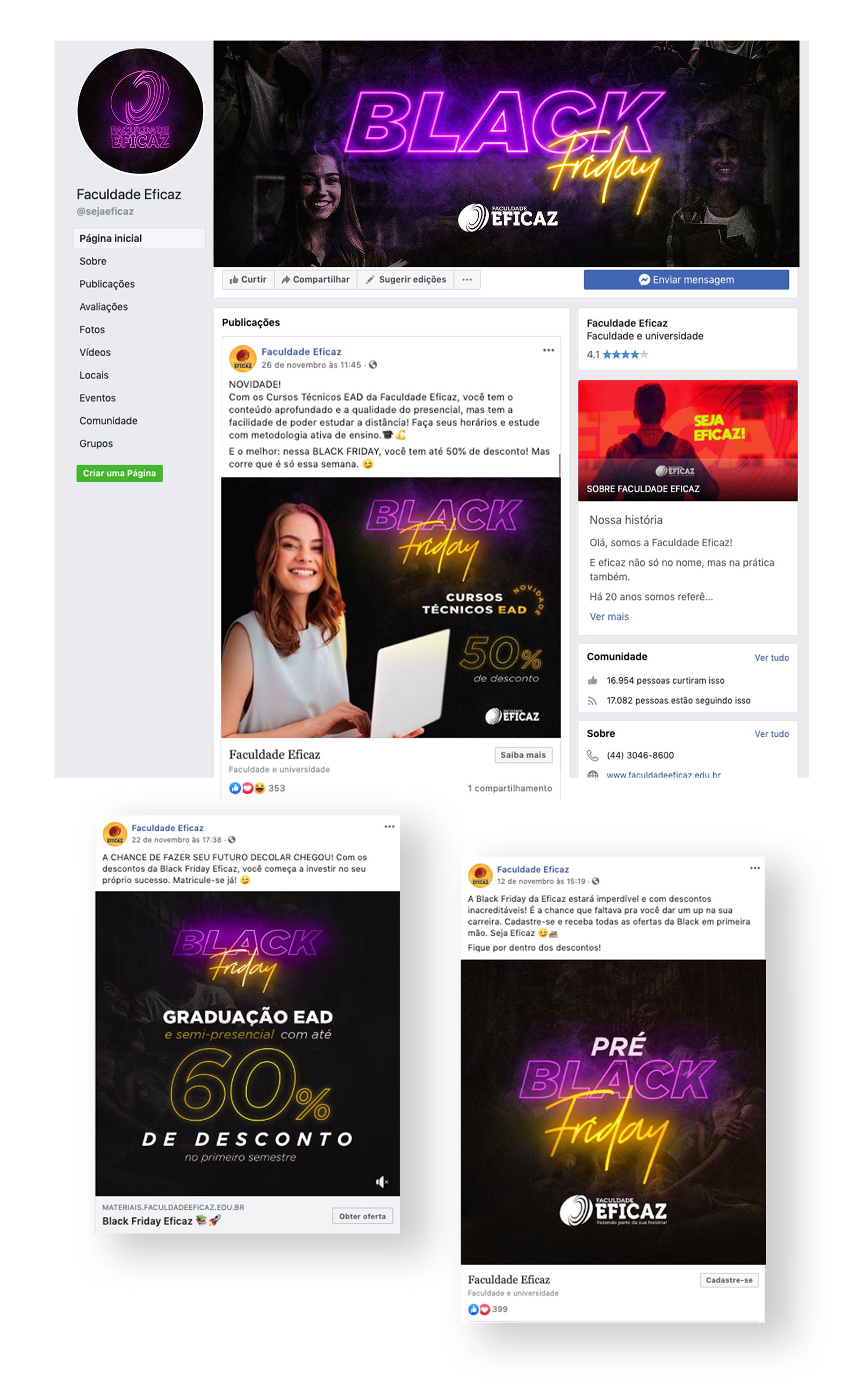 Publicação no Facebook promovendo ofertas da Black Friday. As publicações apresentam texto em neon e imagens de uma mulher com um laptop, oferecendo descontos.