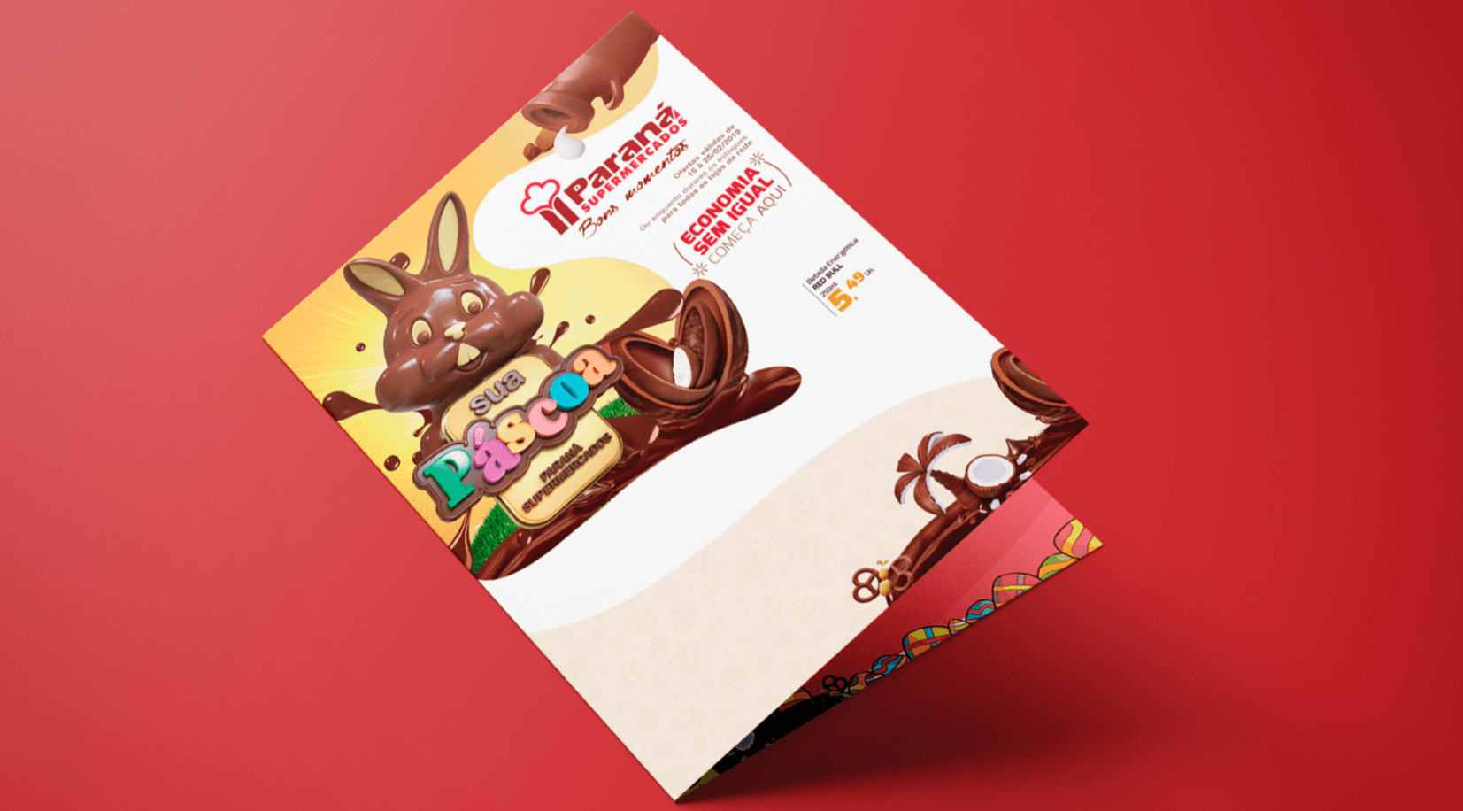 Brochura de coelho de Páscoa de chocolate sobre fundo vermelho. O coelho segura ovos. A brochura tem texto e ilustrações coloridas.