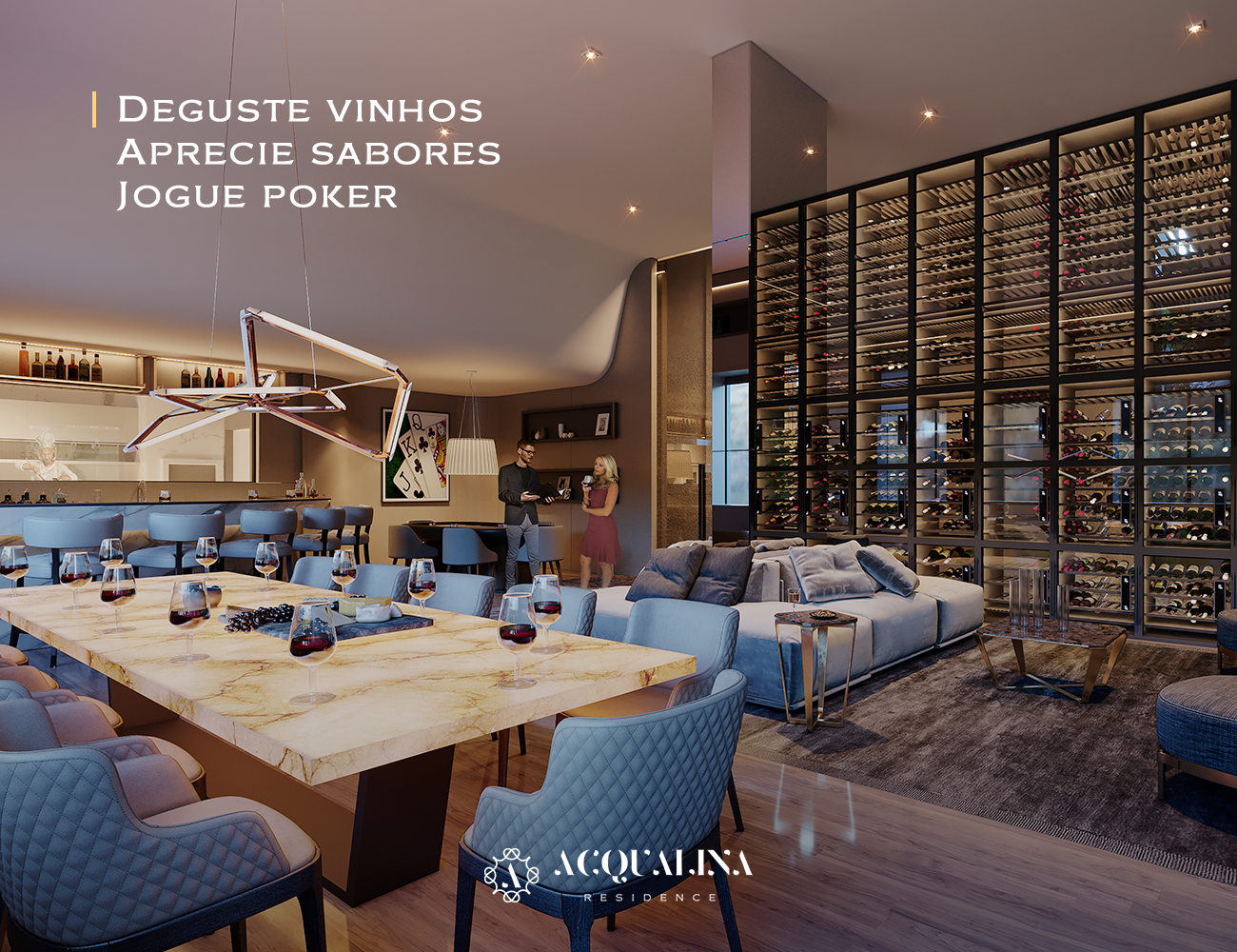 Lounge luxuoso com adega, bar e mesa de pôquer. Interior moderno com tons neutros e iluminação suave.